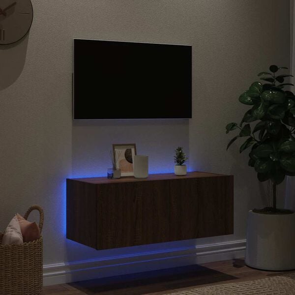 vidaXL TV Wall Cabinet with LED Lights Brown Oak 80x35x31 cm