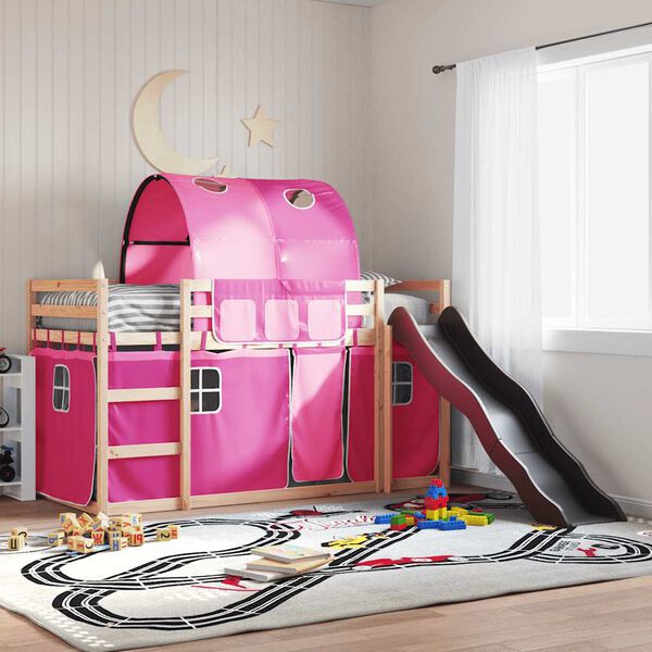 vidaXL Bunk Bed without Mattress with Slide and Curtains Pink 80x200 cm