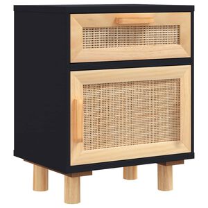 vidaXL Bedside Cabinet Black Solid Wood Pine and Natural Rattan