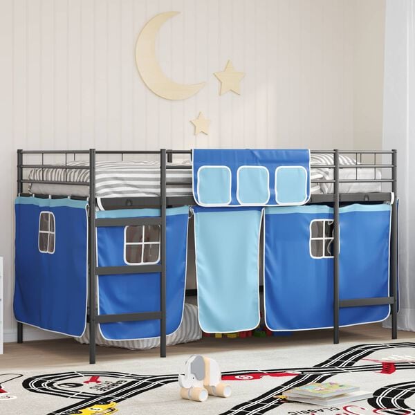vidaXL Kids'Loft Bed Frame with Curtains Black and Blue 107 x 200 cm
