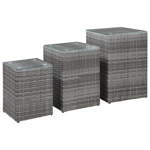 vidaXL Side Table | Set of 3 | Grey | Poly rattan, glass, metal