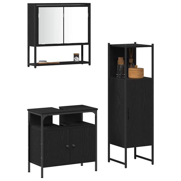 vidaXL Bathroom Furniture Set with Shelf 3 pcs Black Engineered wood