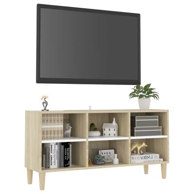 vidaXL TV Cabinet with Solid Wood Legs White and Sonoma Oak 103.5x30x50 cm
