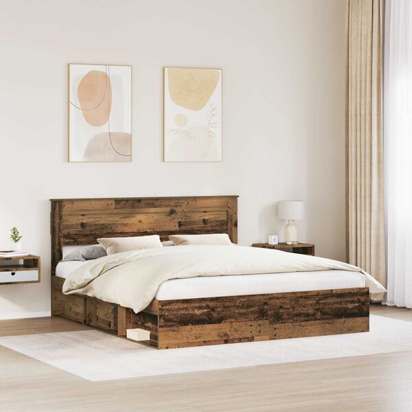vidaXL Bed Frame with Headboard Old Wood 200 x 200 cm Solid Pine Wood