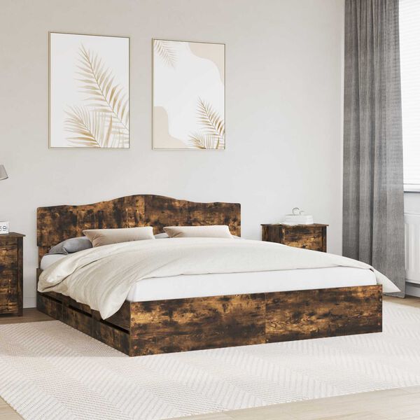 vidaXL Bed Frame with Drawer Smoked Oak 200 x 200 cm Engineer Wood