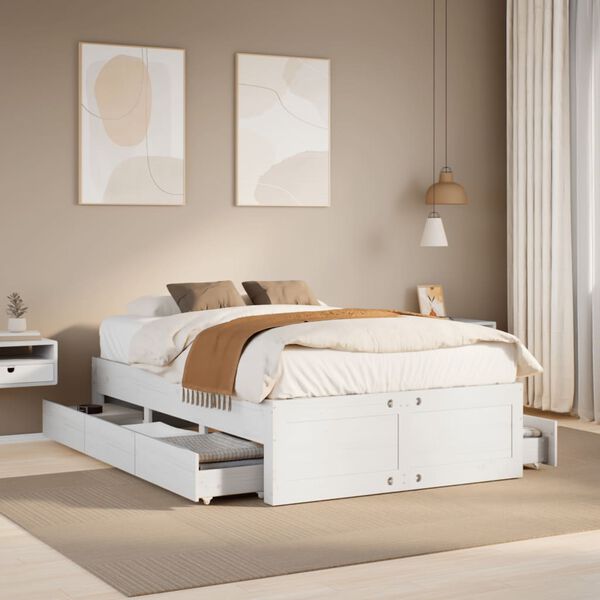 vidaXL Bed Frame without Mattress with Drawers White 135x190 cm Double Solid Wood Pine