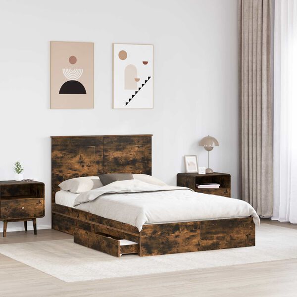 vidaXL Storage Bed with Drawer Smoked Oak 120 x 200 cm Engineered Wood