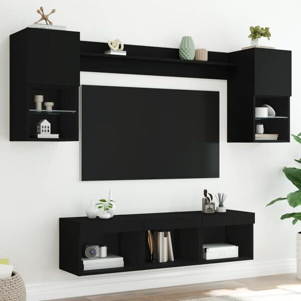 vidaXL 7 Piece TV Wall Units with LED Black Engineered Wood