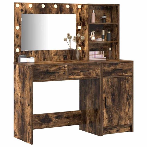 vidaXL Dressing Table with Mirror Lights 2 pcs Brown Engineered Wood