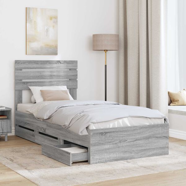 vidaXL Bed Frame with Drawer Grey Sonoma 100 x 200 cm Engineer Wood