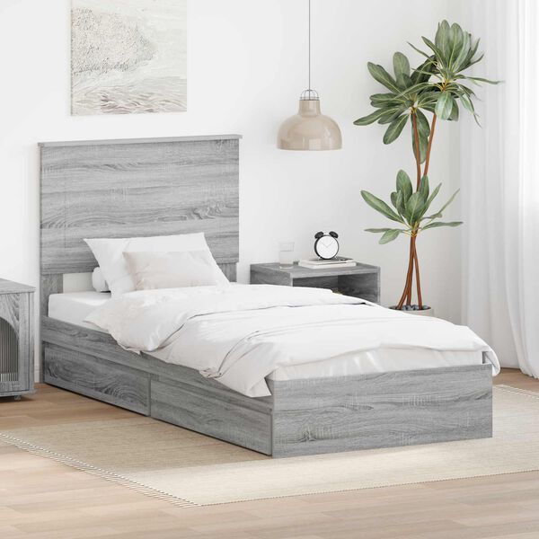vidaXL Storage Bed with Drawer Grey Sonoma 90 x 190 cm Engineered Wood