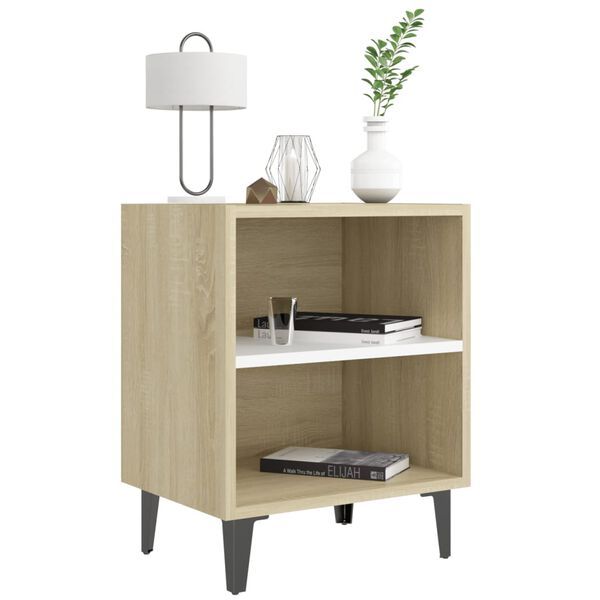 vidaXL Bed Cabinets Metal Legs 2 pcs Sonoma Oak and White 40x30x50 cm