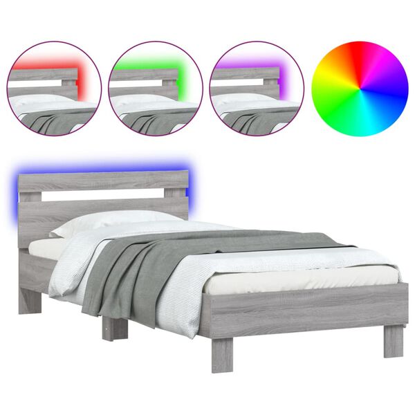 vidaXL Bed Frame without Mattress with LED Lights Grey Sonoma 90x200 cm