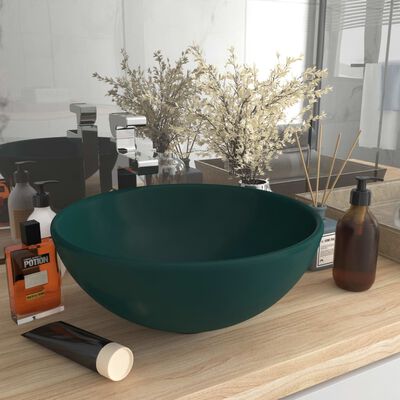 vidaXL Luxury Bathroom Basin Round Matt Dark Green 32.5x14 cm Ceramic