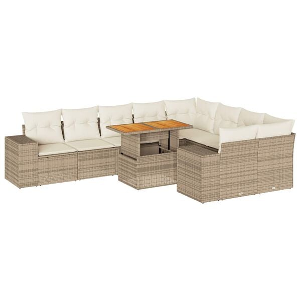 vidaXL 10 Piece Garden Sofa Set with Cushions Beige Poly Rattan Acacia