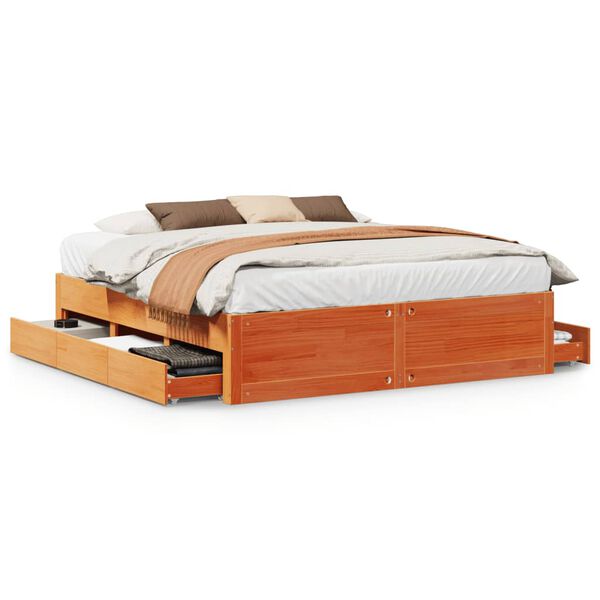 vidaXL Bed Frame without Mattress with Drawers Wax Brown 180x200 cm Super King Solid Wood Pine