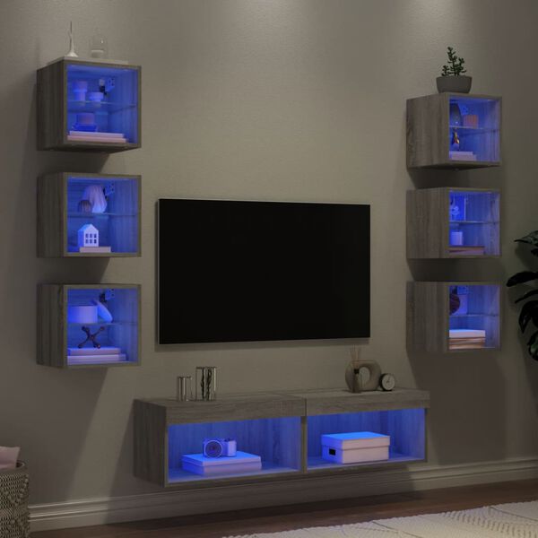 vidaXL 8 Piece TV Wall Units with LED Grey Sonoma Engineered Wood
