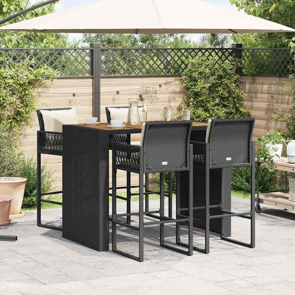 vidaXL 5 Piece Garden Bar Set with Cushions Black Poly Rattan Acacia