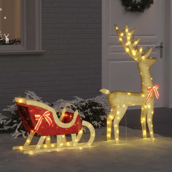 vidaXL Reindeer Pull Sleigh Warm white 151 x 28 x 128.5 cm Fabric