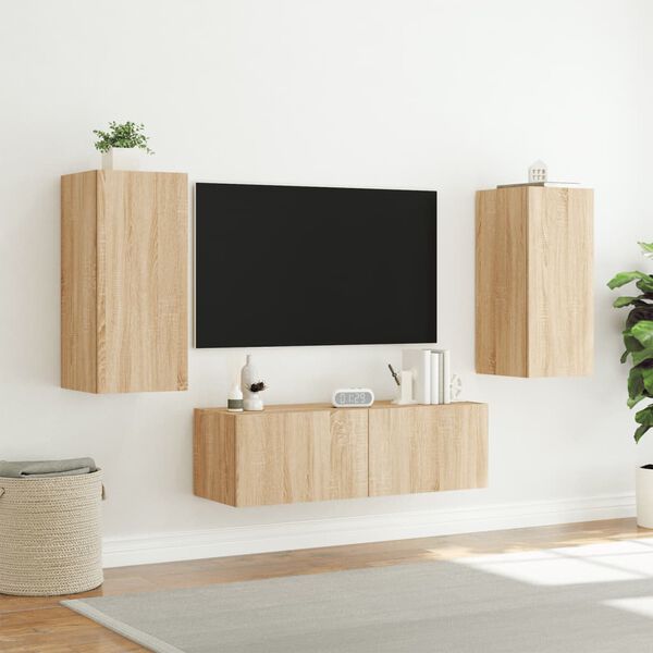 vidaXL 3 Piece TV Wall Cabinets with LED Lights Sonoma Oak