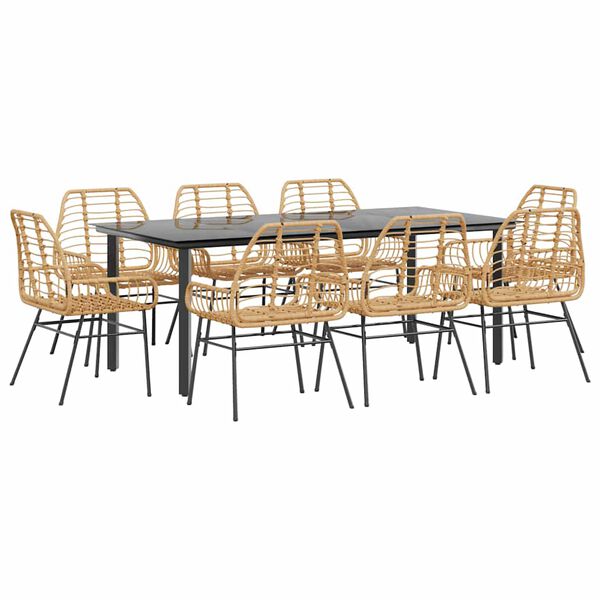 vidaXL 9 Piece Garden Dining Set Brown Poly Rattan Glass