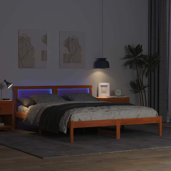 vidaXL Bed Frame with Headboard Wax Brown 160 x 200 cm Solid Pine Wood