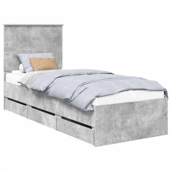 vidaXL Bed Frame with Drawer Concrete Grey 75 x 190 cm Engineer Wood