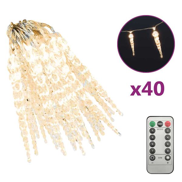 vidaXL Christmas Icicle Lights 40pcs Warm White Acrylic Remote Control