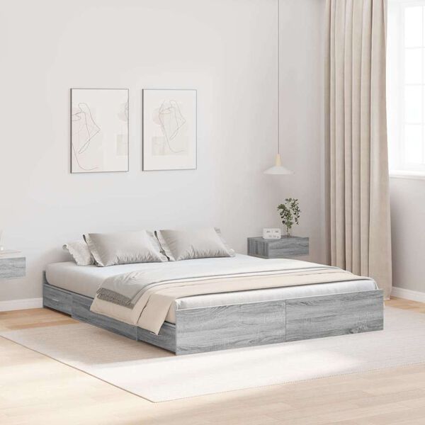 vidaXL Storage Bed Frame Grey Sonoma 135 x 190 cm Engineered Wood