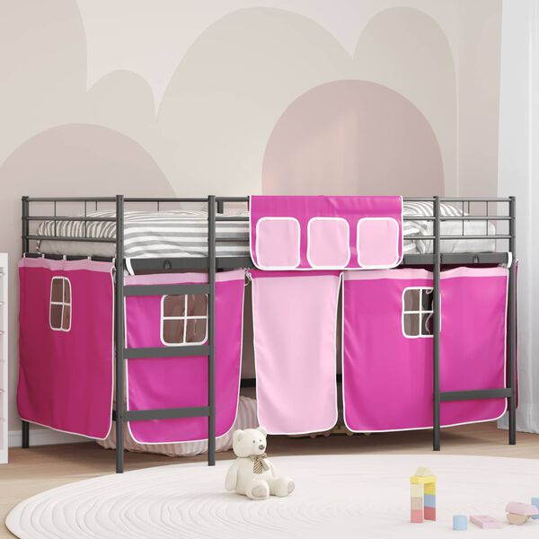 vidaXL Kids'Loft Bed Frame with Curtains Black and Pink 79.5 x 200 cm