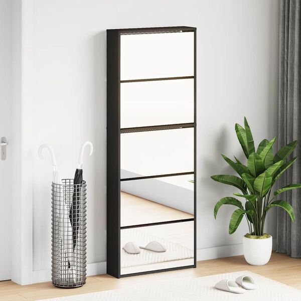 vidaXL Shoe Cabinet with Mirror 5-Layer Black 63x17x169.5 cm