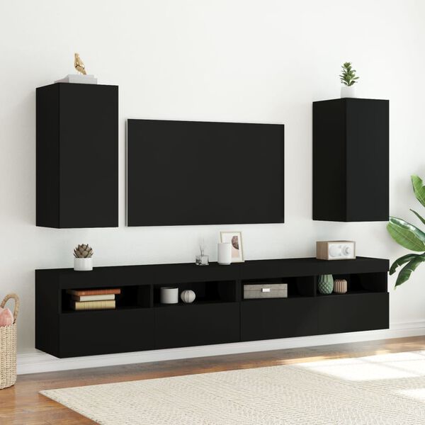 vidaXL TV Wall Cabinets with LED Lights 2 pcs Black 30.5x35x70 cm