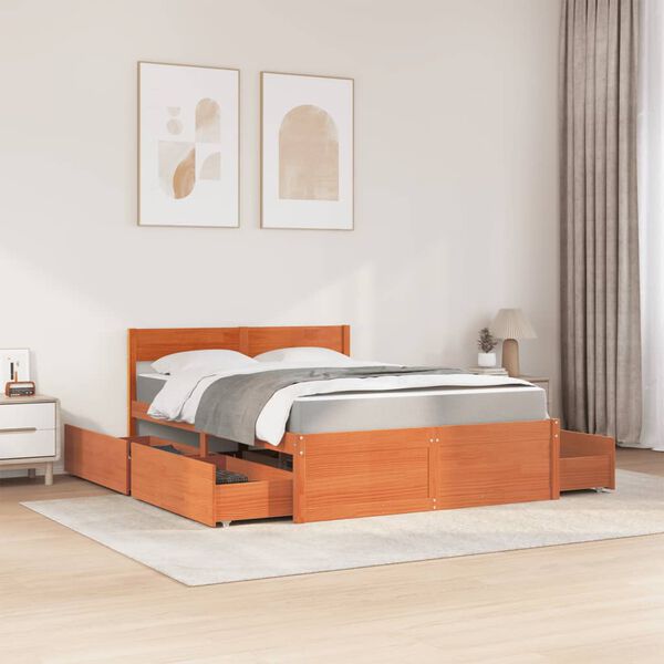 vidaXL Bed with Drawers and Mattress Wax Brown 120x190 cm Small Double Solid Wood Pine