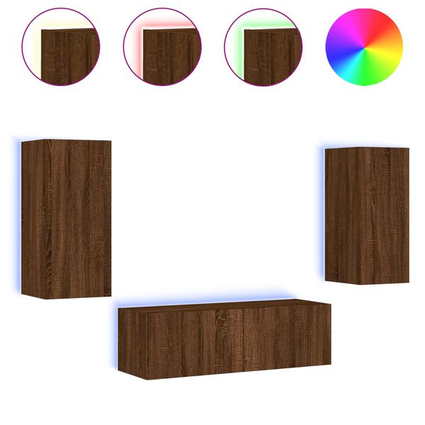 vidaXL 3 Piece TV Wall Cabinets with LED Lights Brown Oak