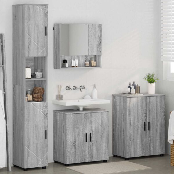vidaXL Bathroom Furniture Set Wall-mounted with Door 4 pcs Grey Sonoma