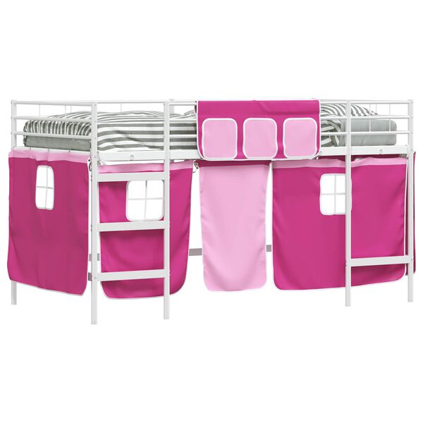 vidaXL Kids'Loft Bed Frame with Curtains White and Pink 99.5 x 200 cm