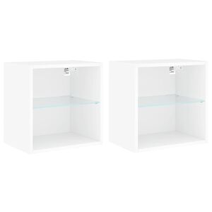 vidaXL Bedside Cabinets with LED Lights Wall-mounted 2 pcs White