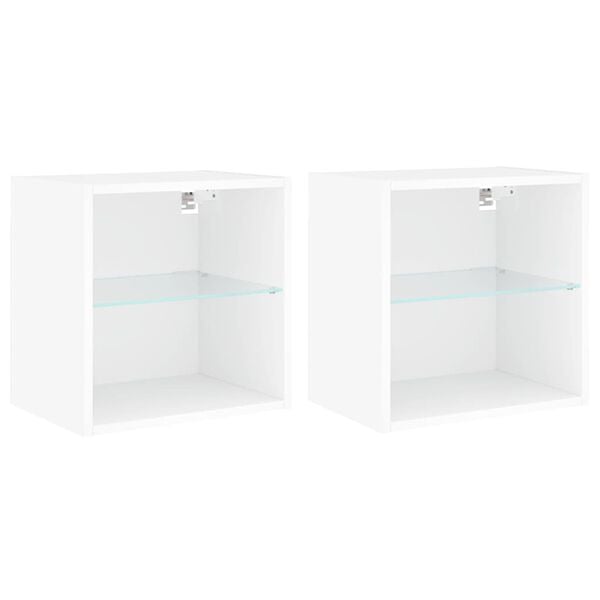 vidaXL Bedside Cabinets with LED Lights Wall-mounted 2 pcs White