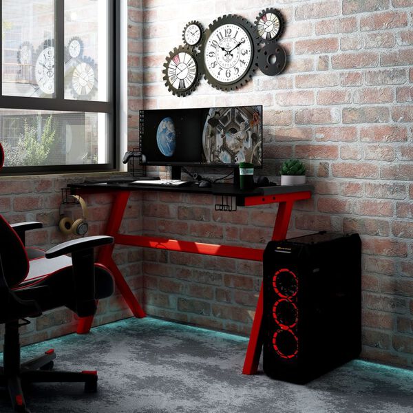 vidaXL Gaming Desk LED with Y Shape Black and Red 110x60x75 cm