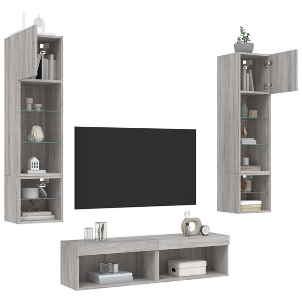 vidaXL 6 Piece TV Wall Units with LED Grey Sonoma Engineered Wood