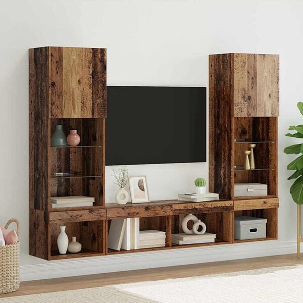 vidaXL TV Wall Units with LED with LED 5 pcs Old wood Engineered Wood