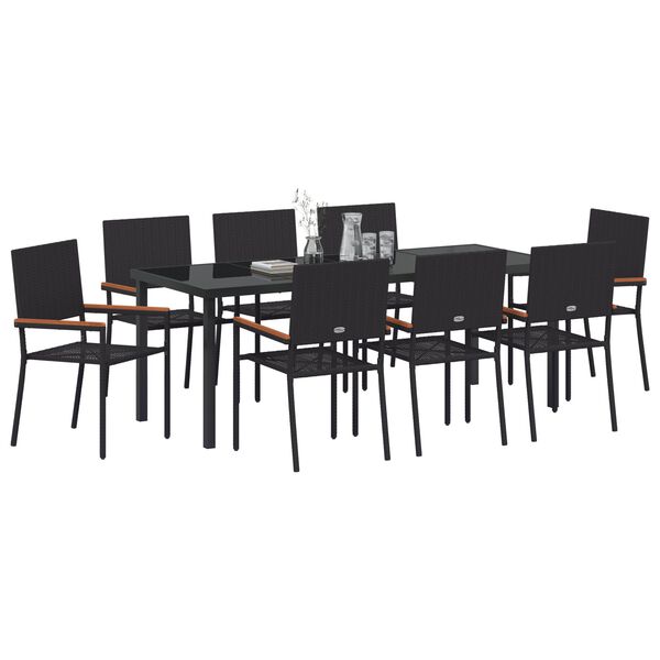 vidaXL Garden Dining Set with Cushion 9 pcs Black Poly Rattan