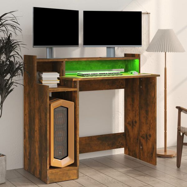 vidaXL Desk with LED Lights Smoked Oak 97x45x90 cm Engineered Wood