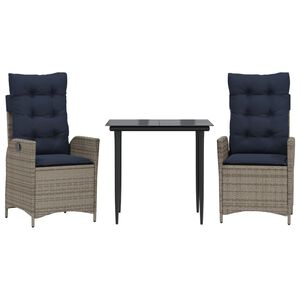 vidaXL 3 Piece Garden Dining Set with Cushions Grey Poly Rattan