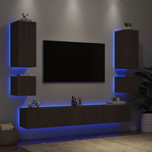 vidaXL 6 Piece TV Wall Cabinets with LED Lights Brown Oak