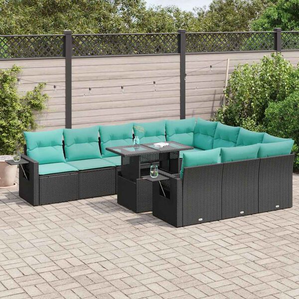 vidaXL 11 Piece Garden Sofa Set with Cushions Black Poly Rattan Acacia