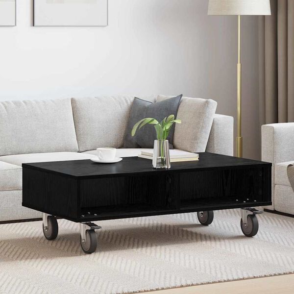 vidaXL Side Table with Wheels Black Oak 90 x 50 x 30 cm