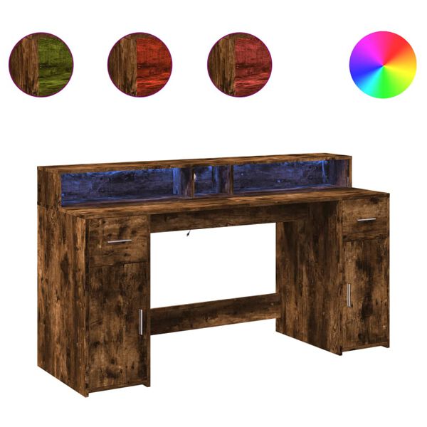 vidaXL Desk with LED Lights Smoked Oak 160x55x91 cm Engineered Wood