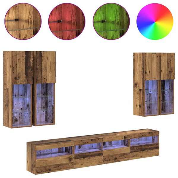 vidaXL TV Wall Cabinet Set with LED Lights Wall-mounted 7 pcs Old Wood