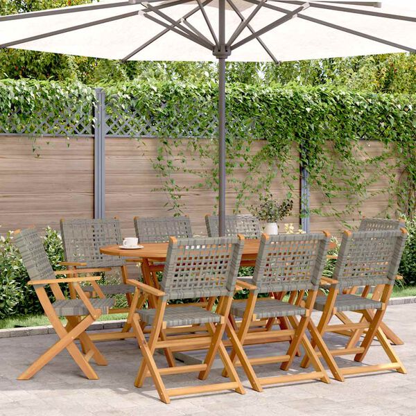 vidaXL Folding Garden Chairs 8 pcs Grey Poly Rattan and Solid Wood